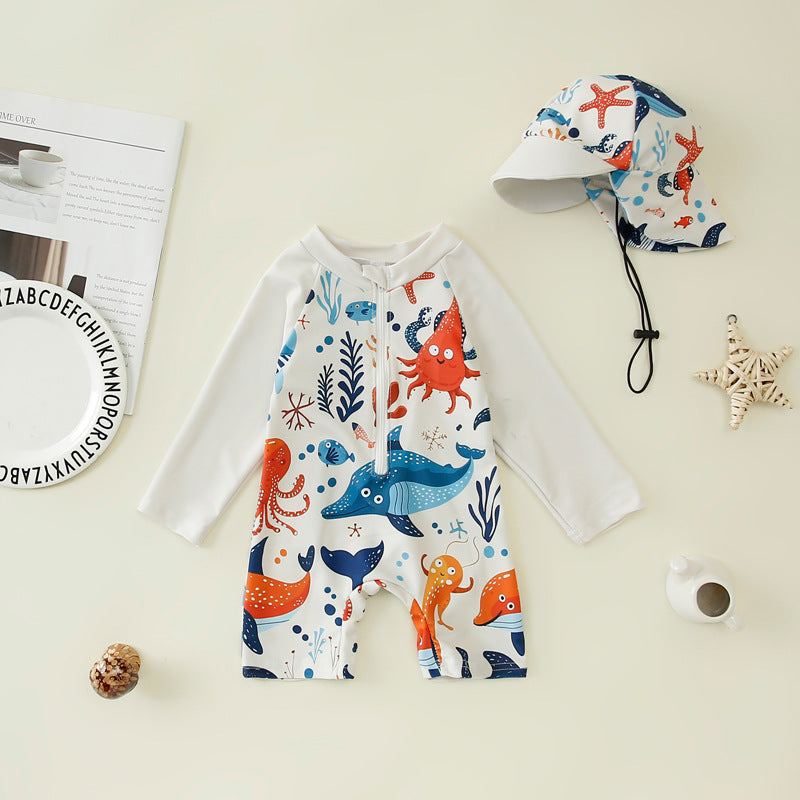 Kids One-Piece Swimsuit – Fun Printed Boys Swim Suit with Hat