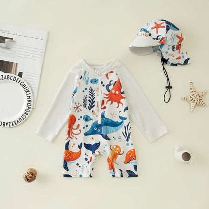 Kids One-Piece Swimsuit – Fun Printed Boys Swim Suit with Hat