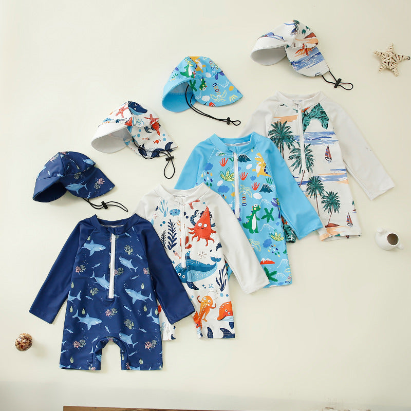 Kids One-Piece Swimsuit – Fun Printed Boys Swim Suit with Hat