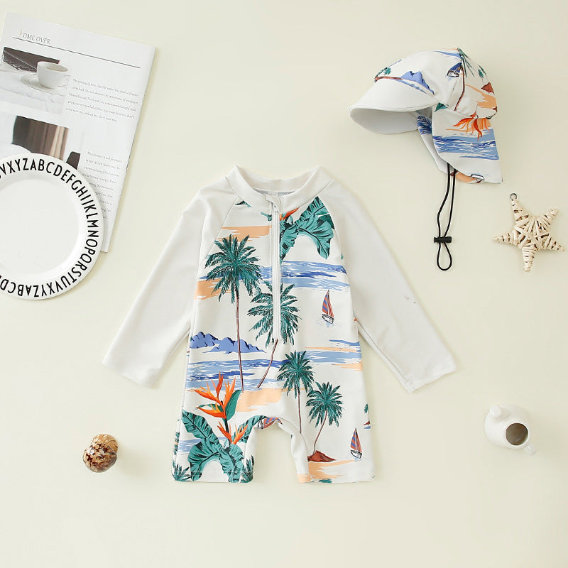 Kids One-Piece Swimsuit – Fun Printed Boys Swim Suit with Hat