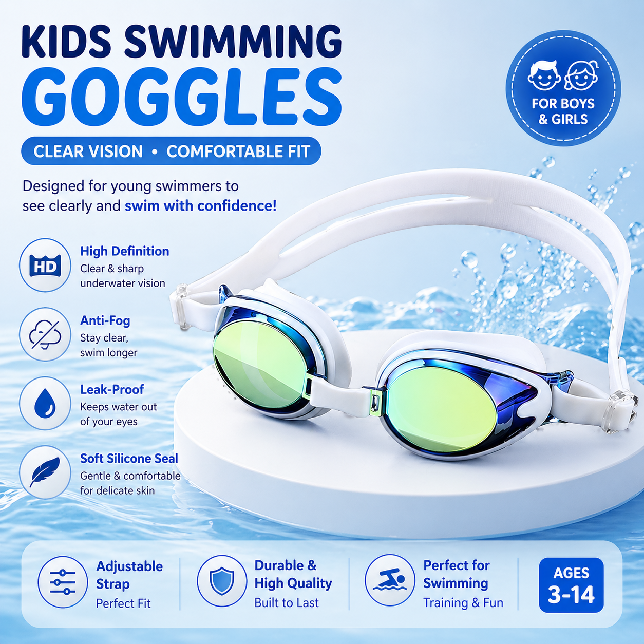 Kids Swimming Goggles – HD Vision & Comfortable Fit