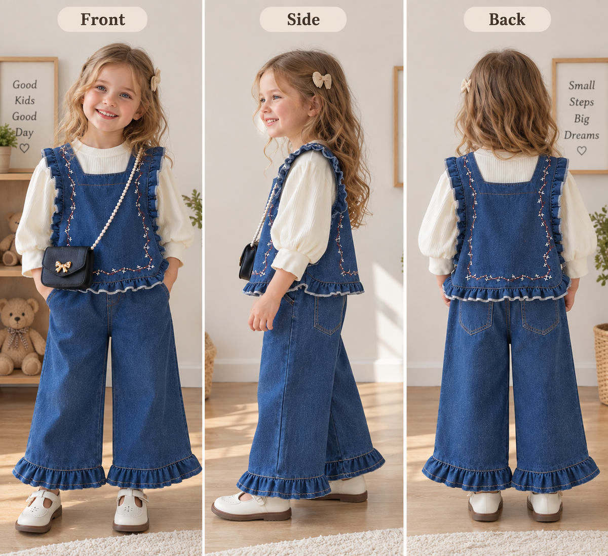 Girls Denim Vest 3-Piece Set