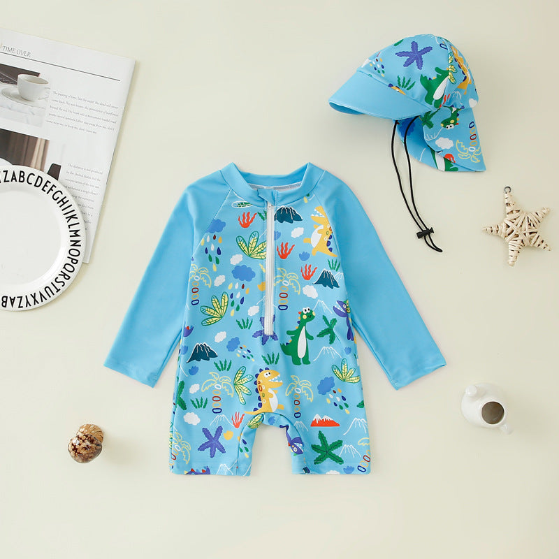 Kids One-Piece Swimsuit – Fun Printed Boys Swim Suit with Hat