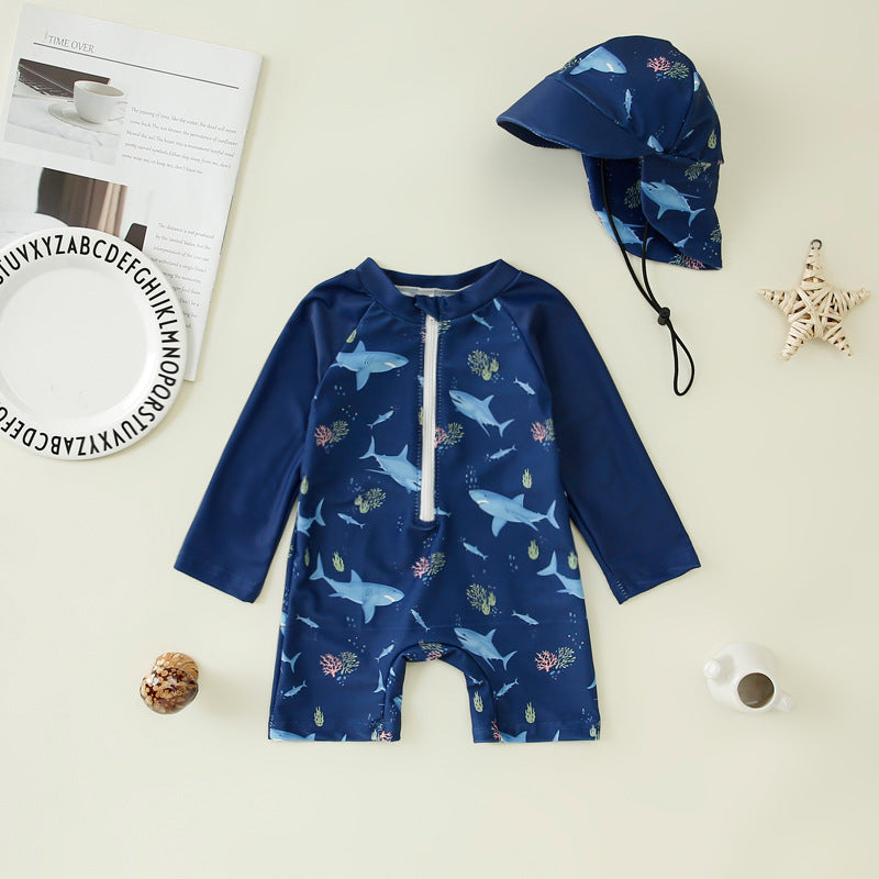 Kids One-Piece Swimsuit – Fun Printed Boys Swim Suit with Hat